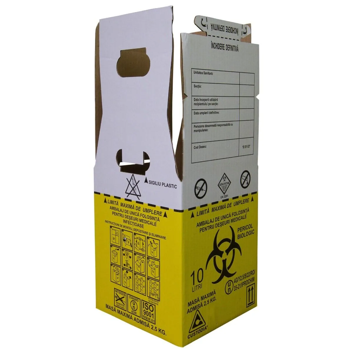 Cutie 10L cu sac Biohazard pt deseuri biologice