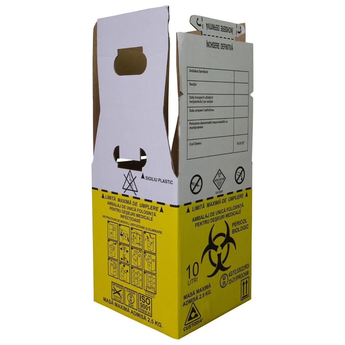 Cutie 10L cu sac Biohazard pt deseuri biologice